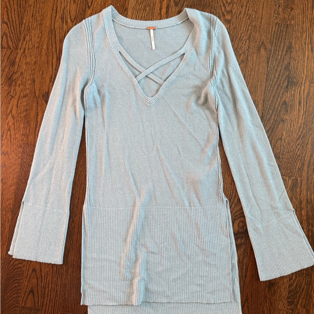 Free People - Long, Blue, Knit Sweater